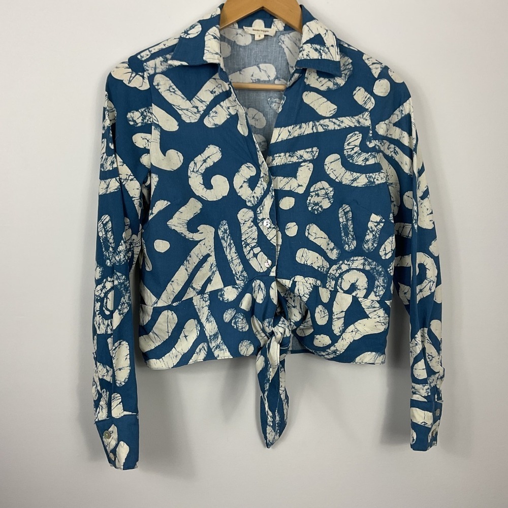 Haute Hippie Blue White Abstract Batik‎ Print Tie Front Linen Rayon Shirt Top S